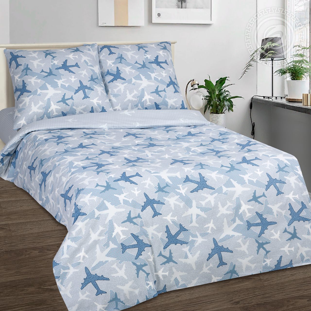 Комплект постельного белья из поплина Самолетики голубые